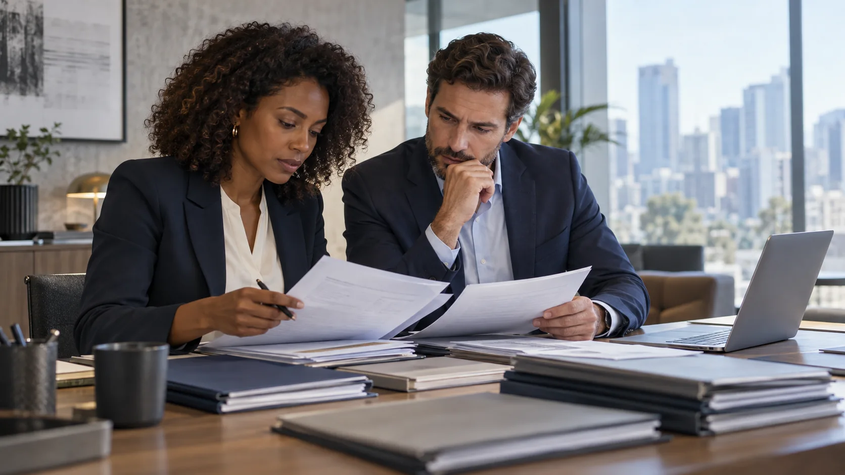 Executiva analisa projeções e fluxo financeiro em escritório