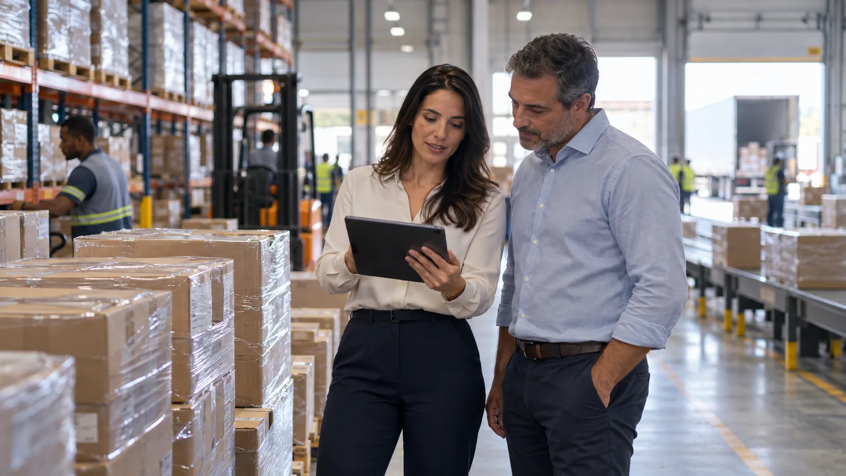 Comprador e fornecedor conversam em centro de distribuição