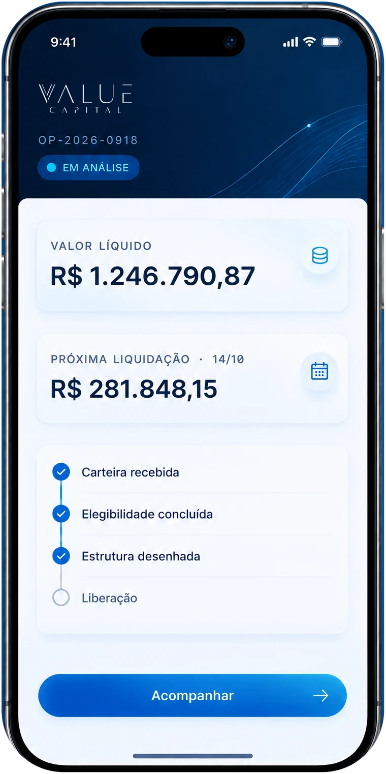 Tela de celular com o acompanhamento de uma operação: valor líquido, próxima liquidação e os estágios já concluídos