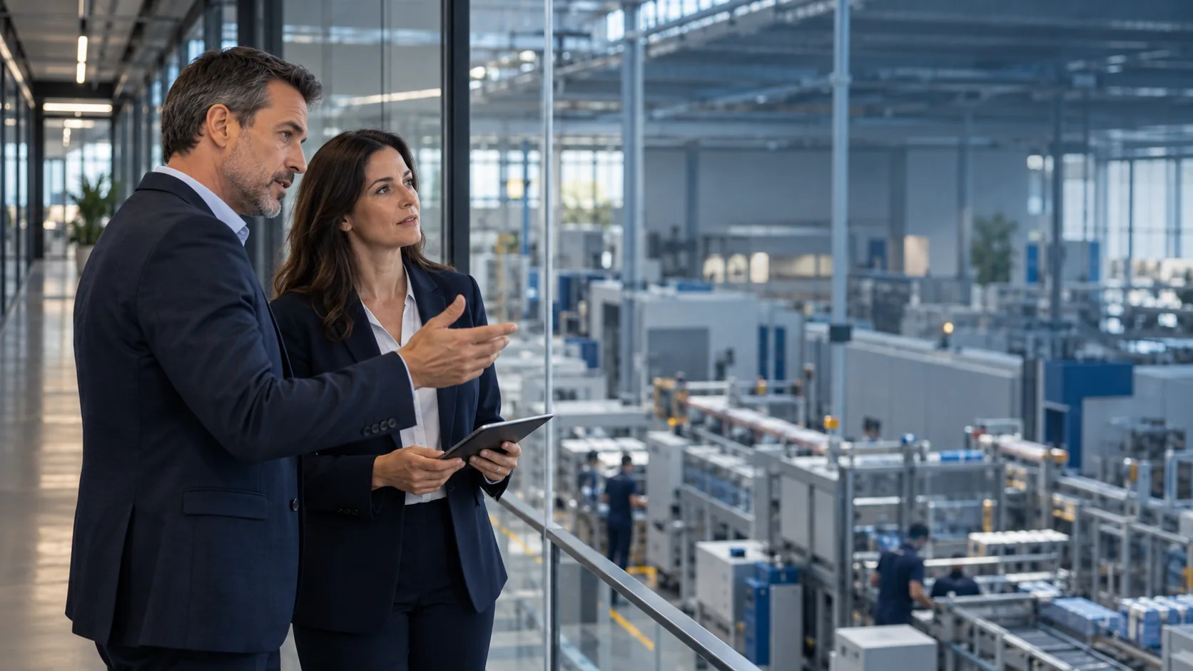 Dois profissionais observam uma linha de produção industrial por uma parede de vidro